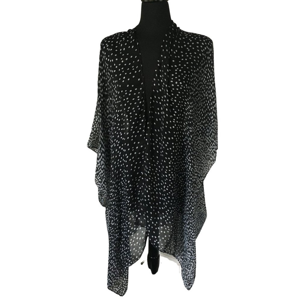 Upcycled Ruana Cover Up Black and White Polka Dot Repurposed Scarf Sheer Poncho